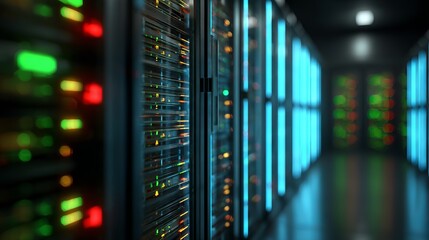 Dynamic server room with vibrant glowing lights and data racks, symbolizing innovation and digital infrastructure for modern tech.