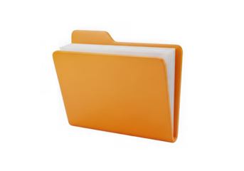 Orange file folder with white paper inside, isolated on transparent background
