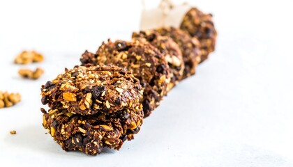 Delicious homemade chocolate chip cookies with nuts on a white background ready to eat