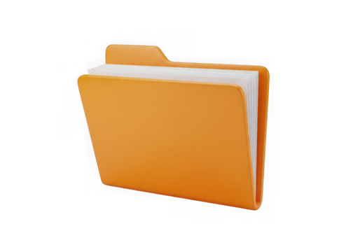 Orange file folder with white paper inside, isolated on transparent background