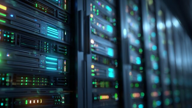 Stunning server room with glowing blue and green lights, representing advanced technology and data processing power. - Powered by Adobe