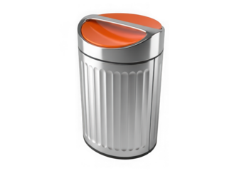 Modern stainless steel trash can with an orange lid, isolated on transparent background