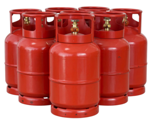 Close-Up of Red Gas Cylinders with Safety Labels, Angled Side View PNG
