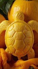 Yellow melon carved into a sea turtle with a detailed shell