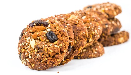 Delicious Homemade Oatmeal Cookies with Nuts and Raisins on White Background