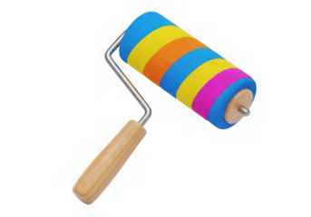 Colorful striped paint roller with wooden handle isolated on transparent background