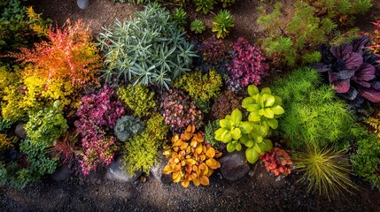 A vibrant and diverse garden bed showcasing a rich tapestry of colorful plants and textures.