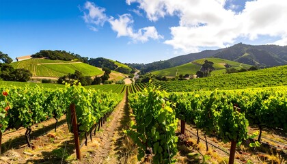 Naklejka premium Lush vineyard landscape under a vibrant sky