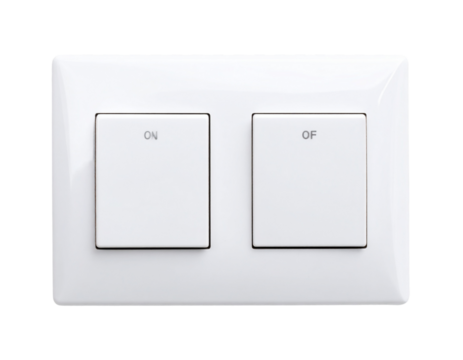 Close-Up Top-Down View of White Light Switch Showing Both ‘On’ and ‘Off’ Positions, Isolated