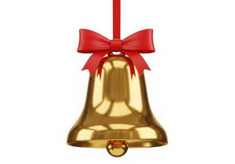 A golden christmas bell with a red bow, hanging on a transparent background