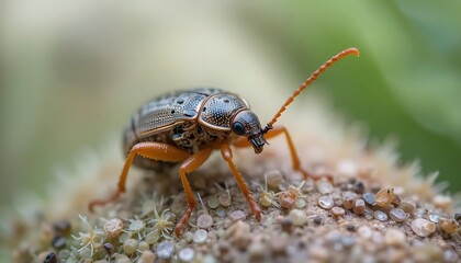 Detailed close up of a small beetle with orange legs standing on a sandy surface outdoors