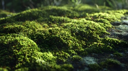 A close-up view of vibrant green moss, illuminated by natural light, displays intricate textures and a calming, peaceful atmosphere.