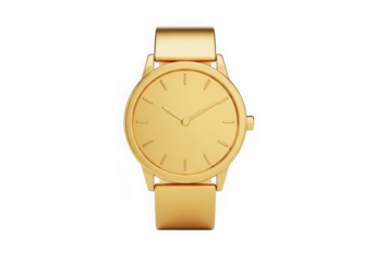 A minimalist gold watch with a clean dial and metal strap, isolated on transparent background