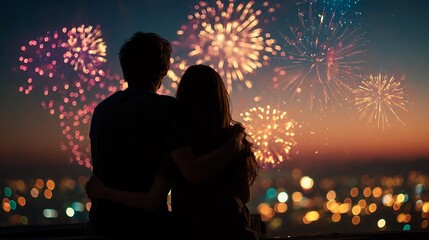 A romantic couple embraces while watching a spectacular fireworks display over a city skyline at night.