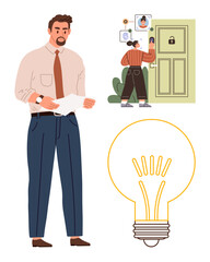 Man holding papers, woman using a smart access system on a locked door, and a glowing bulb symbolizing ideas, creativity, and technology. Ideal for innovation, security, workplace, technology