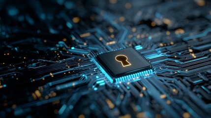 Secure digital network protection with glowing keyhole symbol on a futuristic circuit board, representing cybersecurity and data privacy