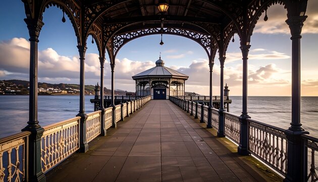 A tranquil pier walkway, adorned with ornate metalwork, overlooks the placid sea at dawn.