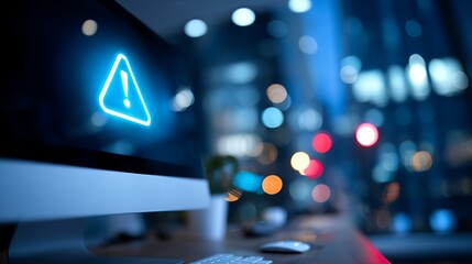 Urgent cybersecurity alert displayed on modern computer screen with blurred city lights background representing digital danger and system warning
