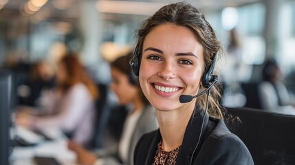 Smiling customer service representative with headset ready to assist clients in a modern, bustling call center environment