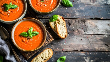Delicious tomato soup with fresh basil and crusty bread on a rustic table