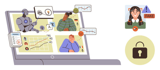 Robot engaging with charts, human emotions, and analyses on computer screen, surrounded by ethics and security icons. Ideal for AI, data science, privacy, ethical tech, media literacy education