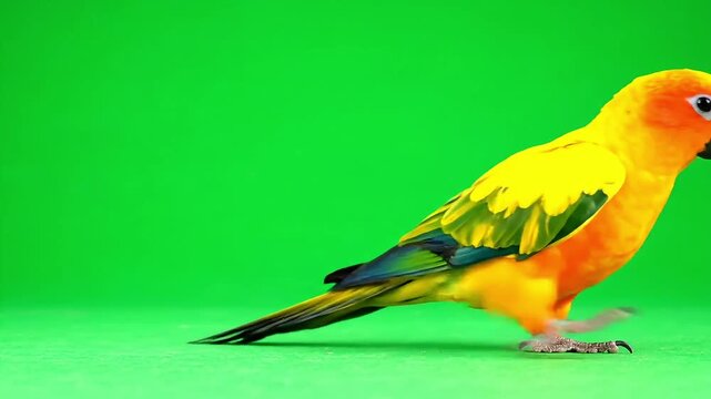 Sun Conure parrot with bright plumage standing on a green surface, isolated against a vivid background.