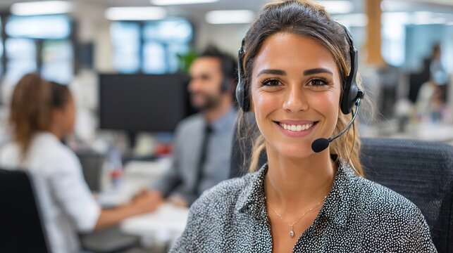 Friendly smiling call center agent with headset ready to assist you in a modern office environment - Powered by Adobe