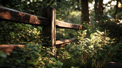 A weathered wooden split rail fence winds through a lush, sun-drenched forest undergrowth.