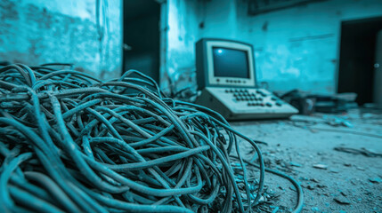 Abandoned Industrial Room with Old Computer and Disordered Cables in a Dusty Environment Highlighting Urban Decay and Neglect