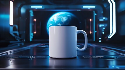 A blank, white, mock up template of an 11oz mug, futuristic theme with the earth in the background, mug D-handle on right side,  mock up design concept