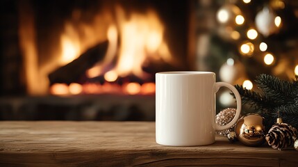 A blank, white, mock up template of an 11oz mug, Christmas theme with a fireplace in the background, mug D-handle on right side, mock up design concept