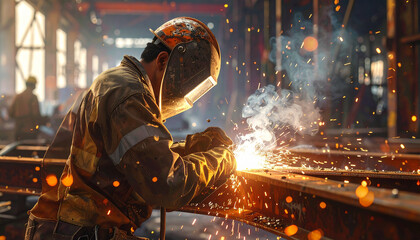 Skilled welder expertly working on steel structure with sparks flying in industrial factory setting