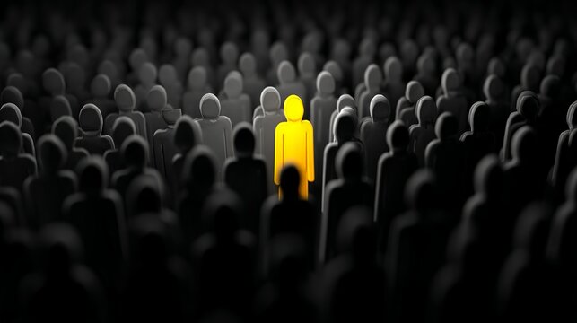 Stand out from the crowd with this vibrant yellow figure illuminated among a sea of gray silhouettes, symbolizing uniqueness and leadership