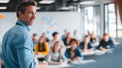 Engaged professor passionately teaching diverse students in a bright, modern classroom, fostering learning and growth