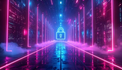 Futuristic server room with neon glow