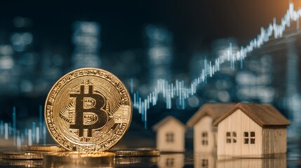 Golden Bitcoin coin on reflective surface with miniature houses and upward financial graph, symbolizing crypto investment growth in real estate market