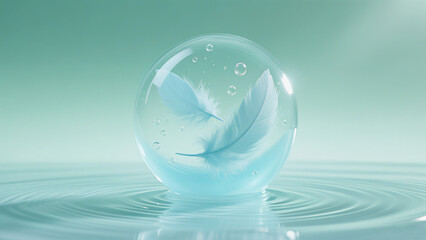 The transparent ball contains feathers and bubbles and is placed in water ripples, embodying the concept of clear, gentle nourishment and pure aesthetics of beauty care. It promotes natural beauty 