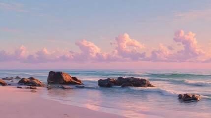 A serene beach scene at sunrise, featuring soft pink hues and large rocks along the shoreline.