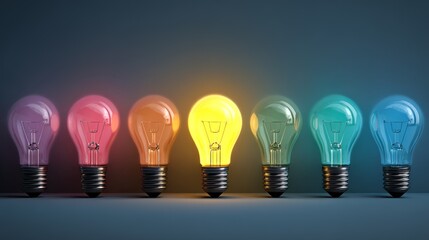 Vibrant row of glowing light bulbs in rainbow colors illuminating ideas and innovation for creative projects and business strategy