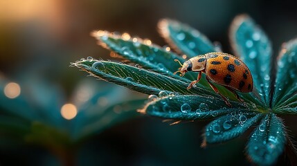 Ladybug on a green leaf with water droplets in a blurred background.