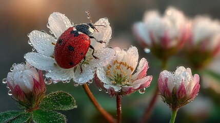 Ladybug on white flower with pink buds and water droplets outdoors.