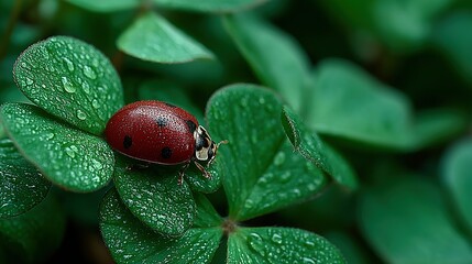 Ladybug sits on green clover leaves with water droplets close up.
