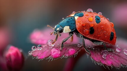 Ladybug on pink flower with water droplets close-up macro insect nature.