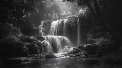 Serene Waterfall: Monochromatic Cascade in Misty Forest
