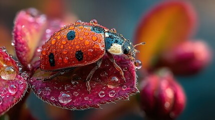 Ladybug covered in water droplets rests on a pink flower petal outdoors.