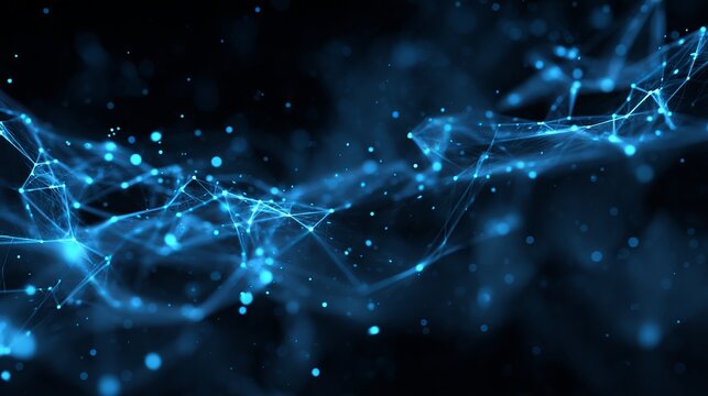 Dynamic glowing blue abstract network connections with luminous particles shimmering on a dark background