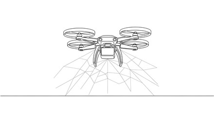 Line Drawing of a Quadrocopter Drone with Four Propellers on a Geometric Background