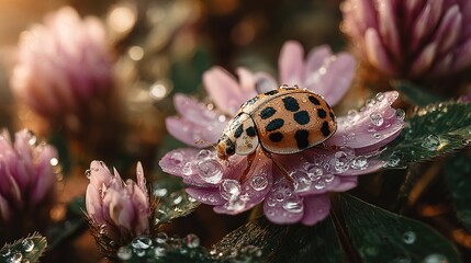 Ladybug with black spots on a pink flower covered in water droplets.