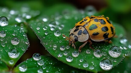 Yellow ladybug with black spots on green leaf covered in water droplets.