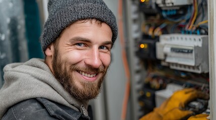 Confident electrician with warm smile works on complex electrical panel, showcasing expertise and dedication in industrial setting